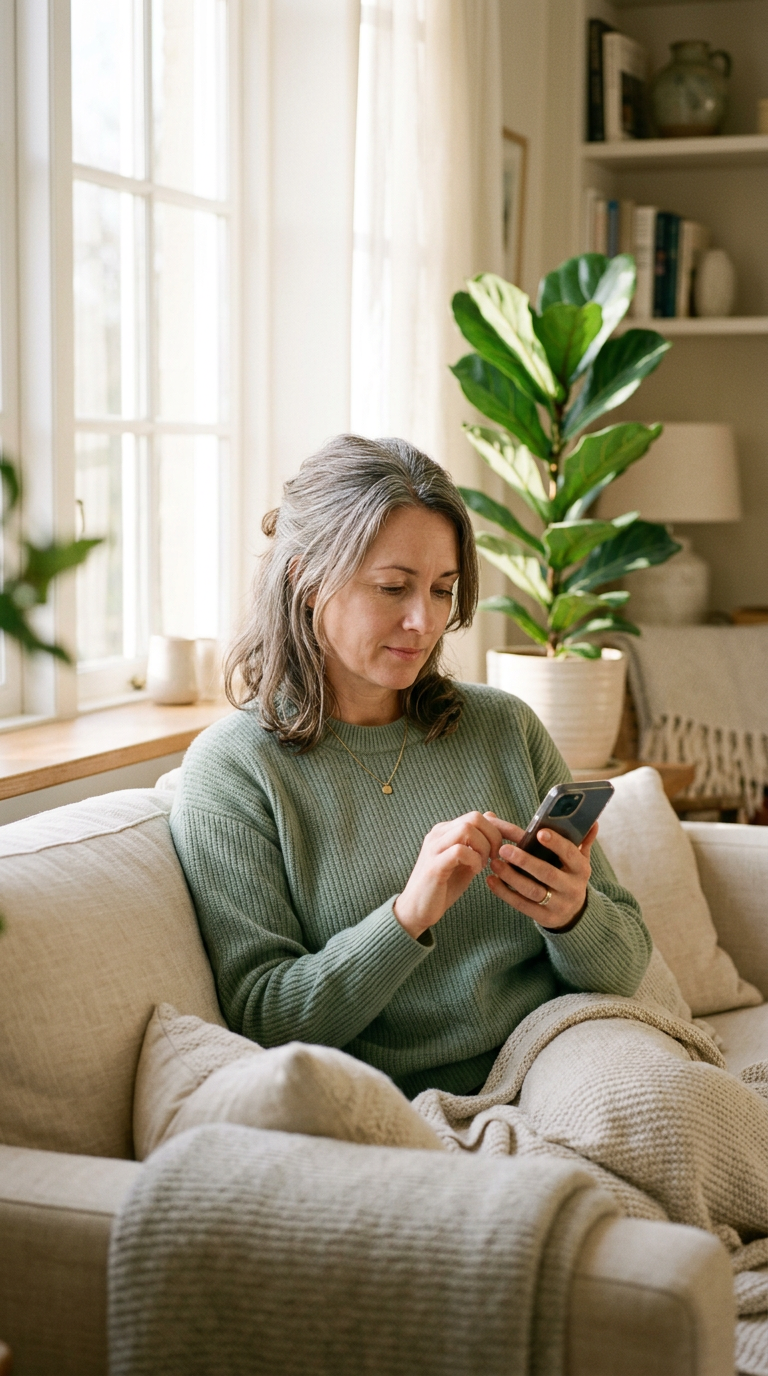 Une femme en pull vert écrit un message sur son téléphone chez elle